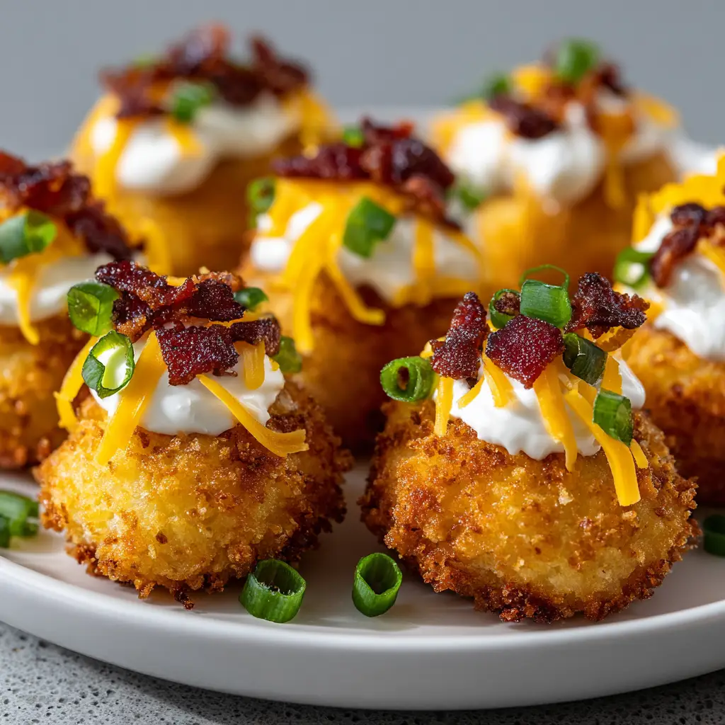 Home 6 Golden-brown fried mashed potato balls beautifully arranged on a simple white plate under natural daylight.