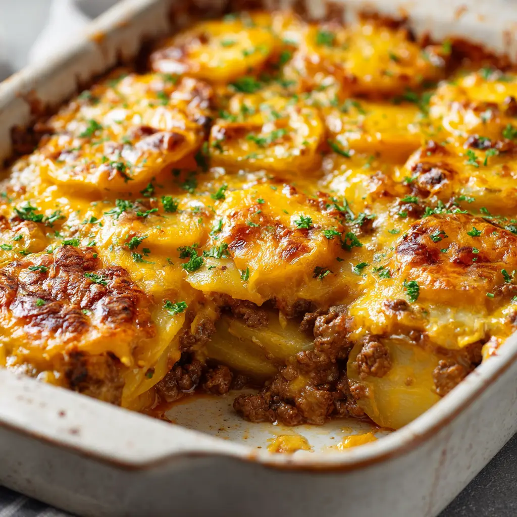 Scooping out a portion of layered scalloped potatoes and savory ground beef from a white ceramic dish.