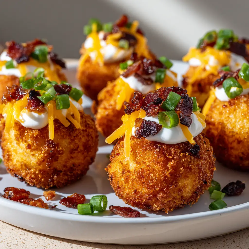 Smartphone photo of highly textured fried potato bites topped with dark-red bacon and melted yellow cheese on a neutral kitchen counter.
