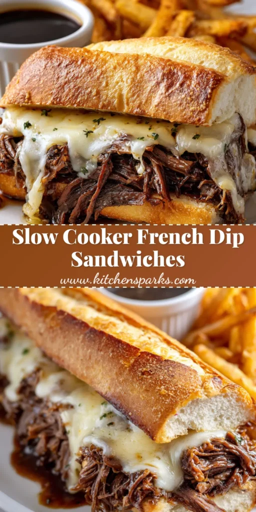 A close up view of a hearty Slow Cooker French Dip Sandwich on a crusty split hoagie roll with melted blistered provolone, clear dark brown au jus, and crispy golden fries.