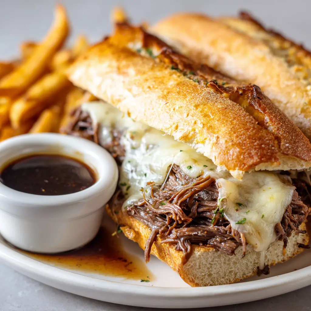 Juicy shredded slow-cooked beef glistening with savory meat juices under overlapping slices of gooey stringy provolone cheese.