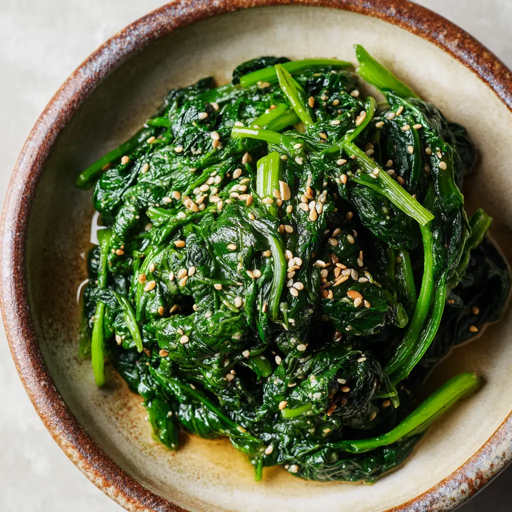 A neat mound of spinach glistening with a soy sauce and sesame oil coating, topped with minced raw white garlic.
