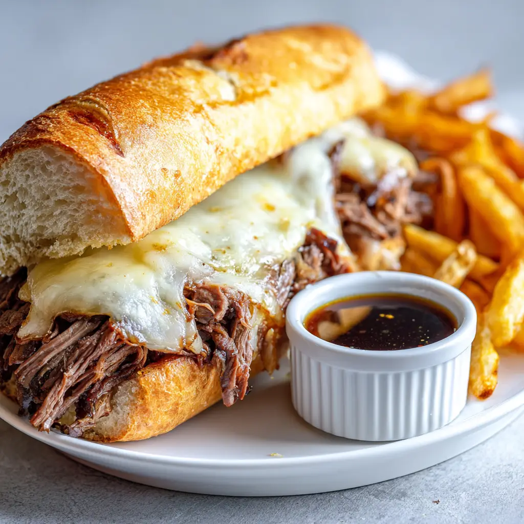 White ramekin filled with clear dark brown au jus next to golden-brown baked french fries and a hearty beef sandwich.