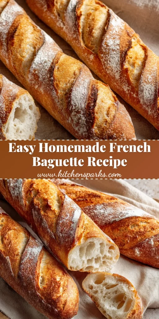 Three golden-brown french loaves with diagonal score marks resting on a linen cloth and wooden peel. (Homemade Baguette Recipe)