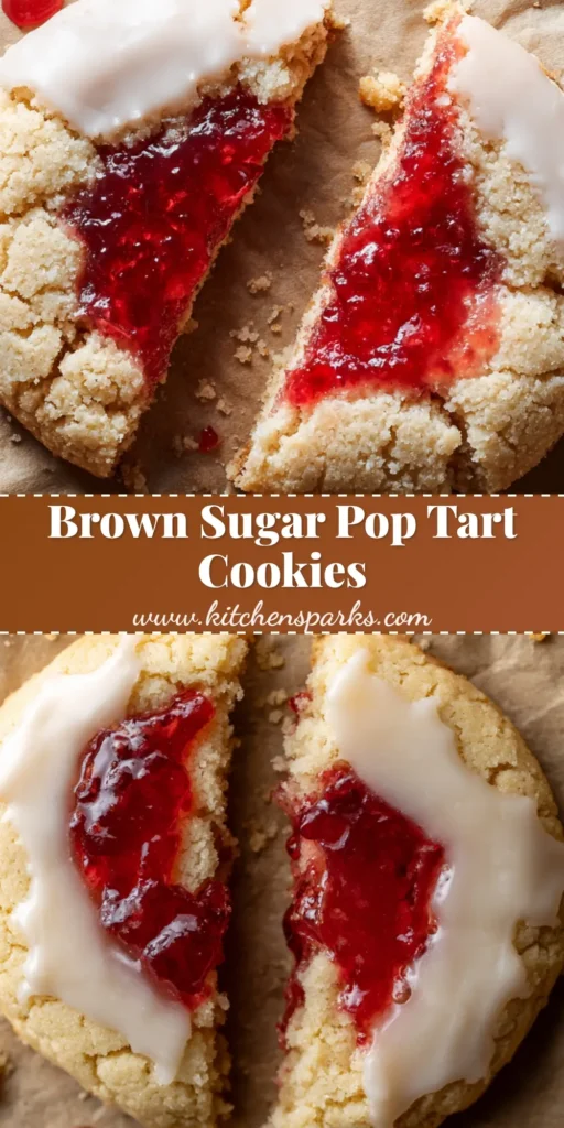 Close up overhead shot of thick Brown Sugar Pop Tart Cookies split in half, revealing gooey bright red fruit jam and topped with opaque white sugar glaze.