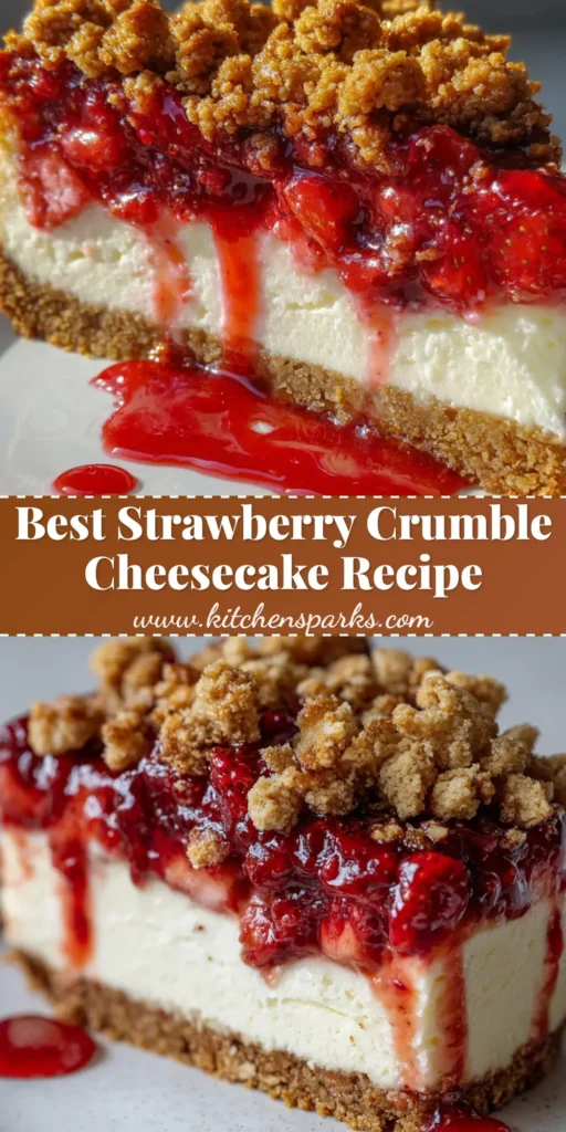 A thick slice of Strawberry Crumble Cheesecake with a baked digestive crust, smooth center, ruby-red strawberry compote, and a crispy streusel crumble served on a white dessert plate.
