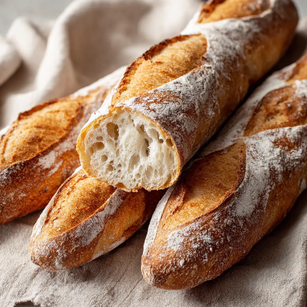 A thick slice cut from a golden-brown baguette exposing an open, airy, soft white interior crumb.