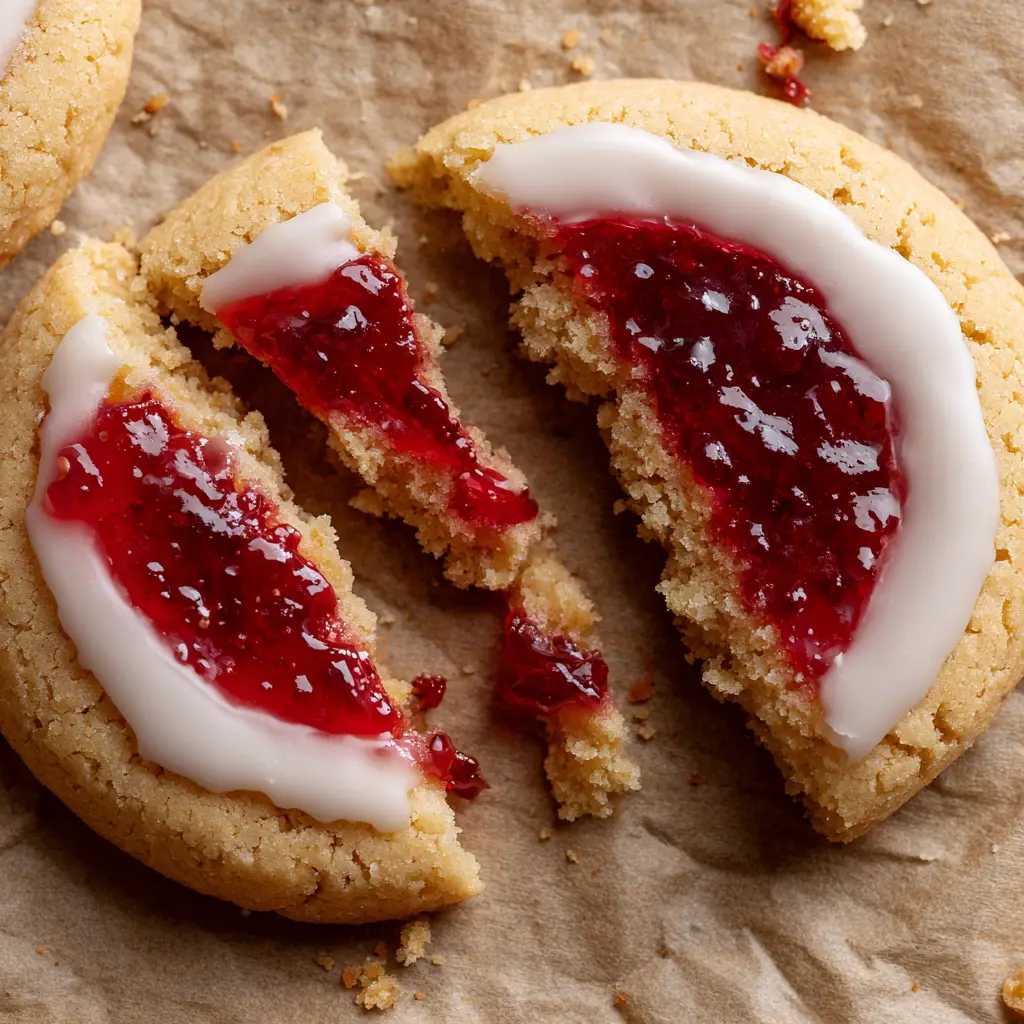 A thick, soft-baked golden-brown sugar cookie split open to show bright red jam center, resting on crinkled brown baking parchment.