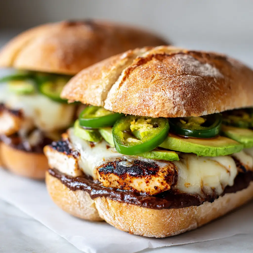 Close-up shot of a Mexican chicken torta sandwich showing glossy melted Oaxaca cheese over charred chicken, resting on a plain counter.