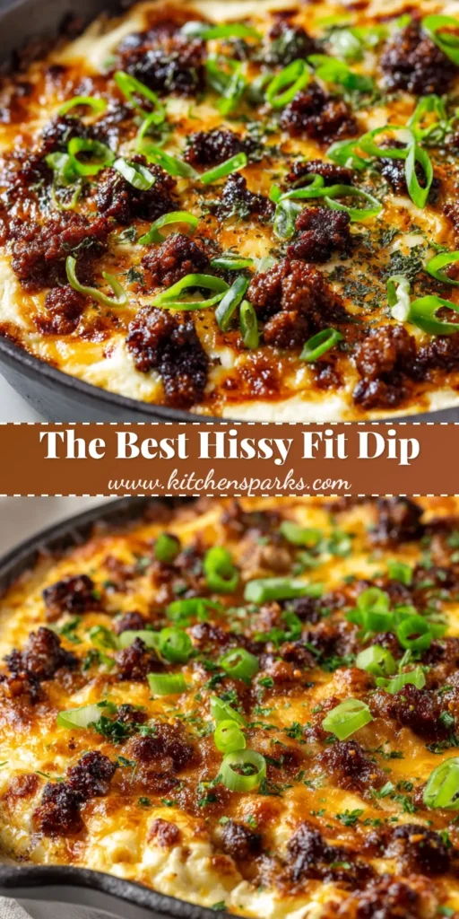 A close up view of a bubbling, baked Hissy Fit Dip in a round black cast iron skillet, featuring golden-brown melted cheese, dark brown sausage, bright green scallions, and dried parsley.