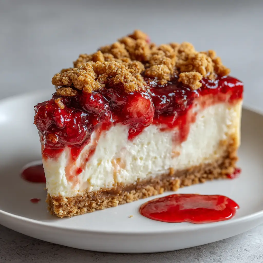 Close-up shot of a Strawberry Crumble Cheesecake showing the dense off-white center and glossy strawberry compote layer.