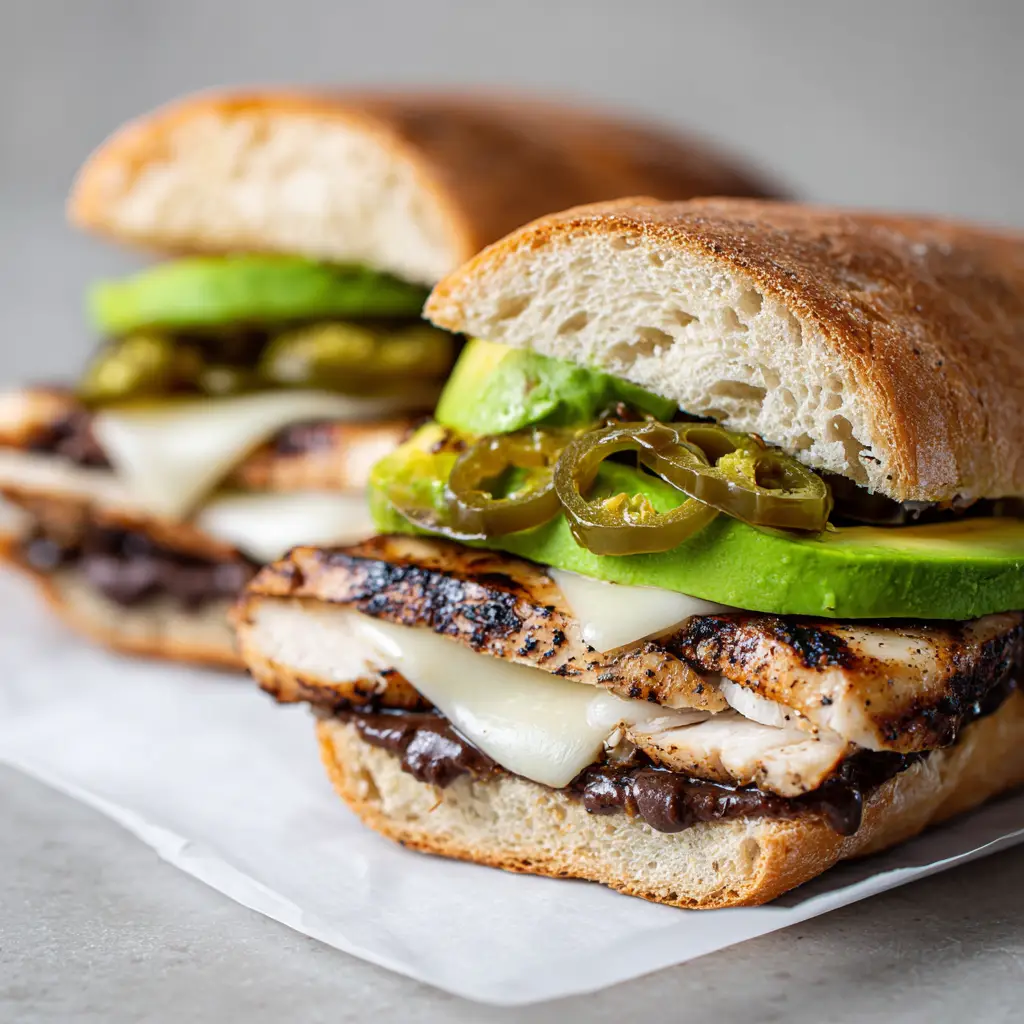 Macro view of bright green avocado slices and pickled jalapeno rings atop a cheesy Mexican Chicken Torta Sandwich.