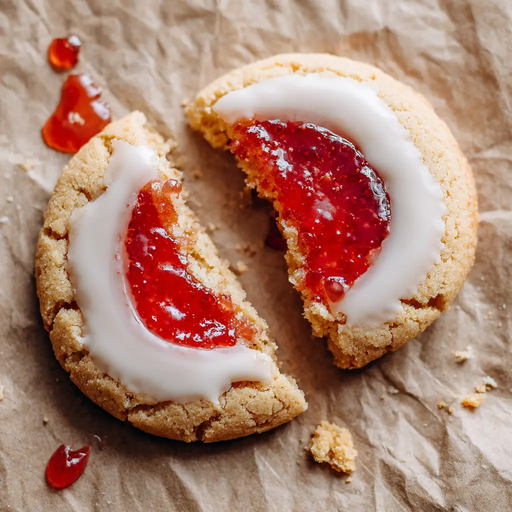 Overhead view of a glazed Brown Sugar Pop Tart Cookie with stray baked cookie crumbs and glossy red jam droplets on parchment paper.
