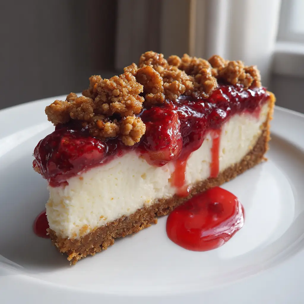 Rustic golden-baked buttery streusel crumble piled generously on top of a ruby-red strawberry layer.