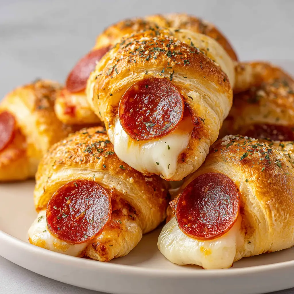 Close up photo of freshly baked pepperoni mozzarella crescent rolls resting on a white ceramic plate showing oozing cheese.
