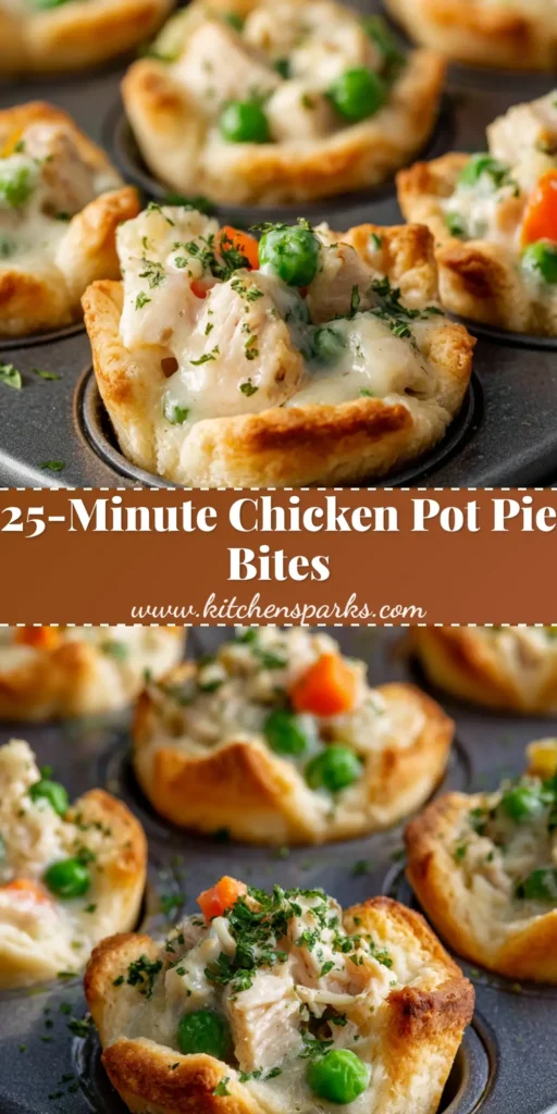 A close up shot of freshly baked mini chicken pot pie bites inside a dark grey metal muffin tin showing a golden-brown, puffed, flaky biscuit dough cup filled with creamy white sauce, cubed chicken breast, green peas, diced orange carrots, and a dusting of parsley.