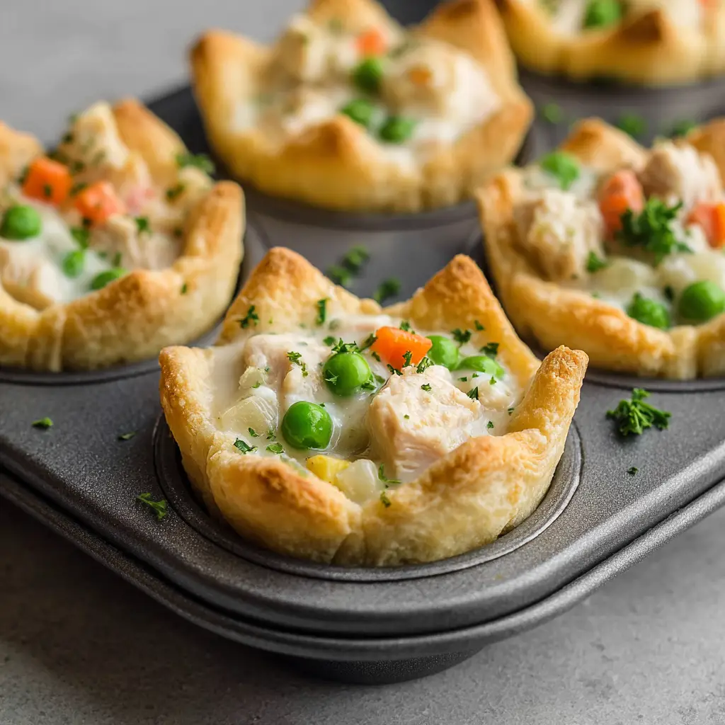 Exposed filling of mini chicken pot pies slightly bubbly and lightly browned on the edges, finished with minced fresh green parsley flakes.