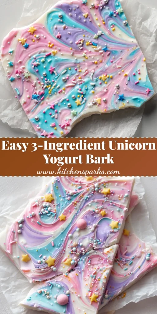 Unicorn Yogurt Bark: The Ultimate Magic Frozen Snack 4 A vibrant overhead shot of Unicorn Yogurt Bark snapped into pieces on white parchment paper, featuring pastel swirls and yellow stars.