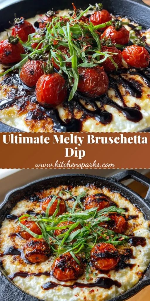 A bubbling Three-Cheese Tomato Bruschetta Dip in a cast iron skillet with charred tomatoes and balsamic glaze zigzag. (Three-Cheese Tomato Bruschetta Dip)