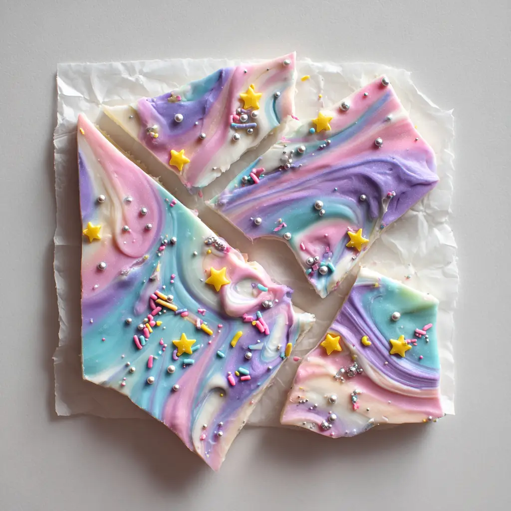Unicorn Yogurt Bark: The Ultimate Magic Frozen Snack 2 Close-up top-down view of Unicorn Yogurt Bark showing intricate pink and purple swirls with silver sugar pearls.