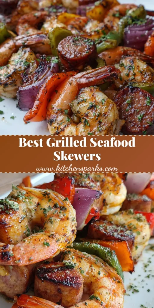 Grilled Seafood Skewers with Smoked Sausage and Charred Peppers 4 A stack of Grilled Seafood Skewers on a white plate featuring jumbo shrimp, smoked sausage, and tricolor bell peppers.
