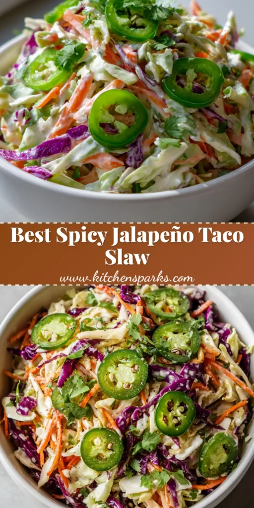 Vertical Pinterest Pin showing a bright, crunchy Jalapeño Slaw in a white bowl with lime and cilantro.