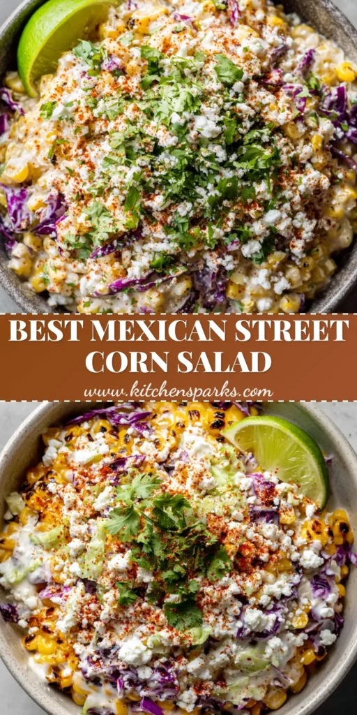 A close-up of Mexican Street Corn Salad in a white bowl featuring charred corn, avocado, and Cotija cheese.