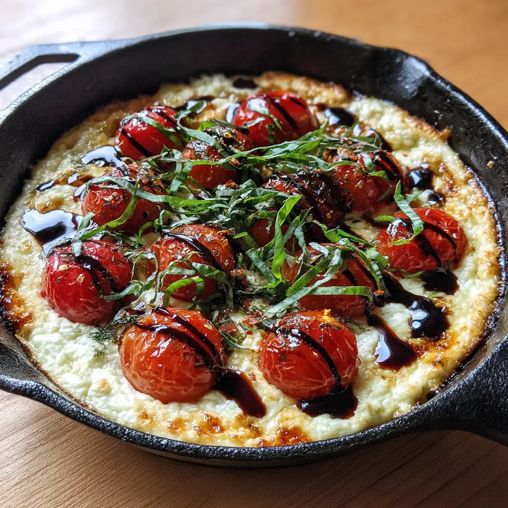 Top down view of Three-Cheese Tomato Bruschetta Dip in a seasoned black cast iron skillet. (Three-Cheese Tomato Bruschetta Dip)
