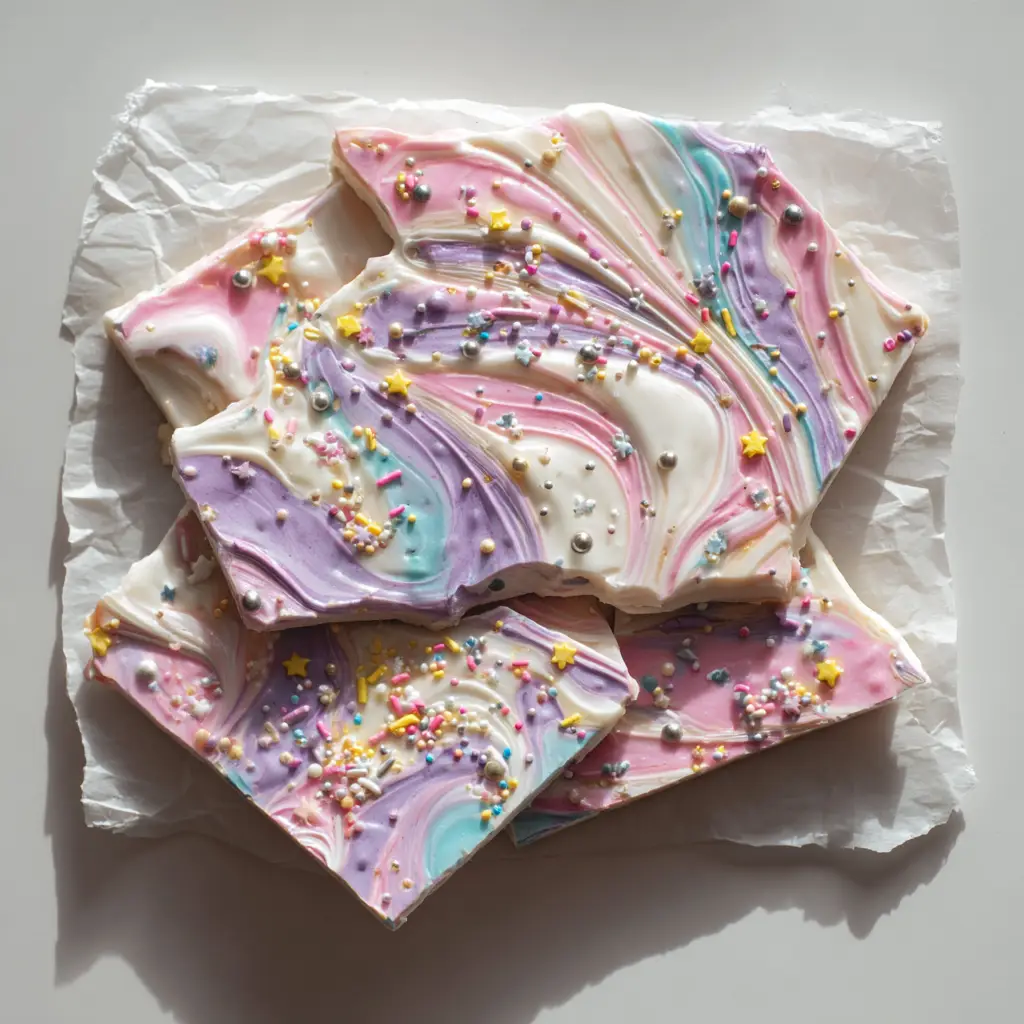 Unicorn Yogurt Bark: The Ultimate Magic Frozen Snack 1 A handheld smartphone photo of irregular pieces of Unicorn Yogurt Bark on crinkled parchment paper.