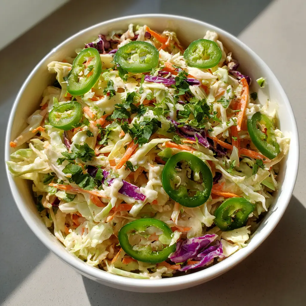 A high-angle close-up shot of a white ceramic bowl filled with fresh Jalapeño Slaw, featuring shredded cabbage and green jalapeño rounds.