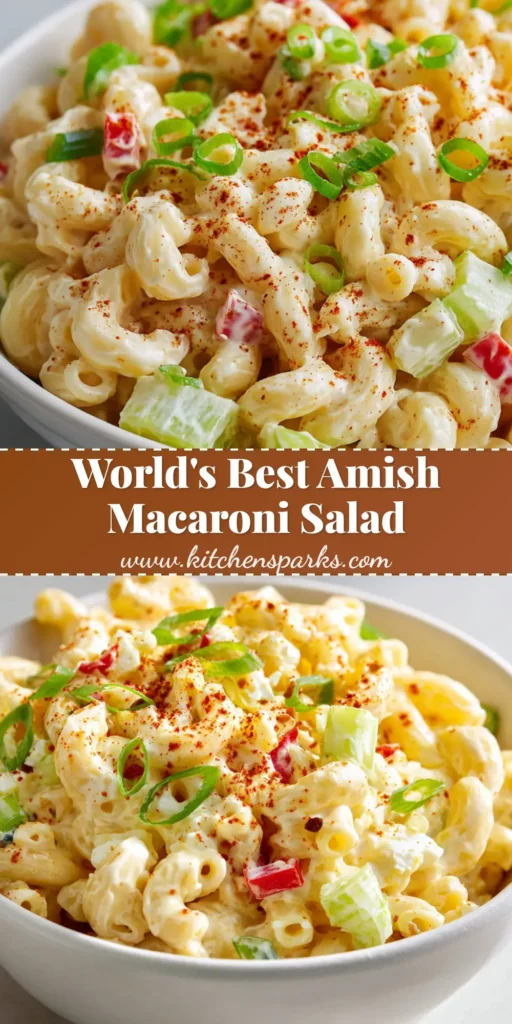 A top-down view of Amish Macaroni Salad in a white bowl with red paprika and green onions. (Amish Macaroni Salad)