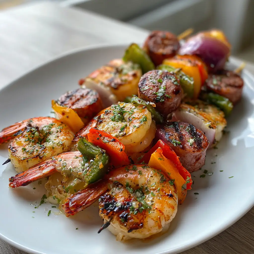Grilled Seafood Skewers with Smoked Sausage and Charred Peppers 2 Close up of Grilled Seafood Skewers showing distinct grill marks on pink-orange shrimp and crispy sausage rounds.