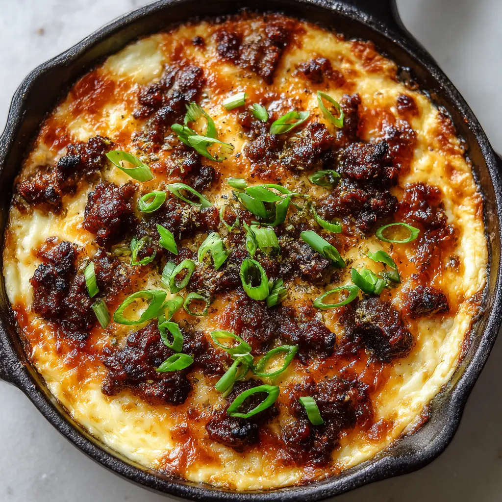 Close up unedited handheld smartphone photo of warm, shiny Hissy Fit Dip showing crispy, darker browned cheese edges along a cast iron pan.
