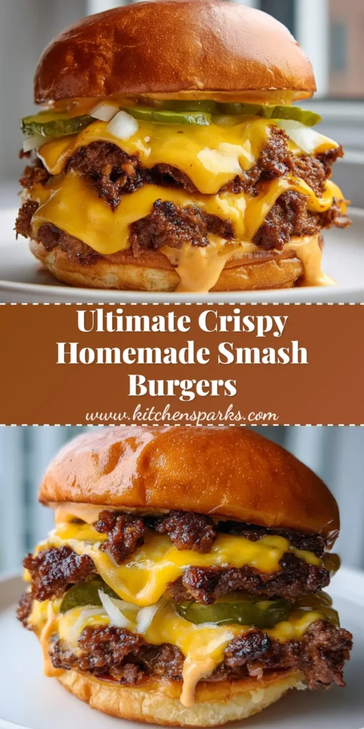 A close up of a double stack Crispy Smash Burger with melted cheese and lacy edges on a white plate.