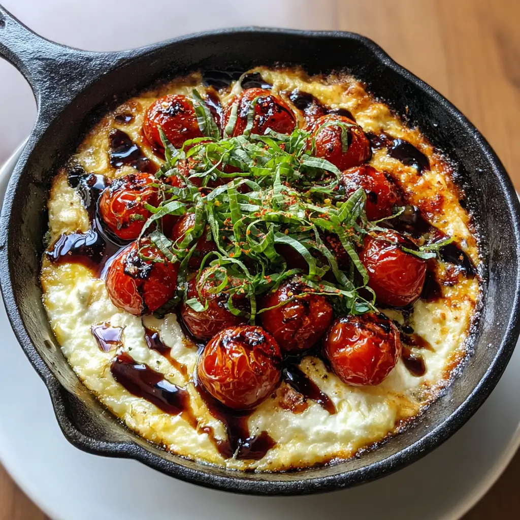 Close up of melted cheese and balsamic glaze on a Three-Cheese Tomato Bruschetta Dip.