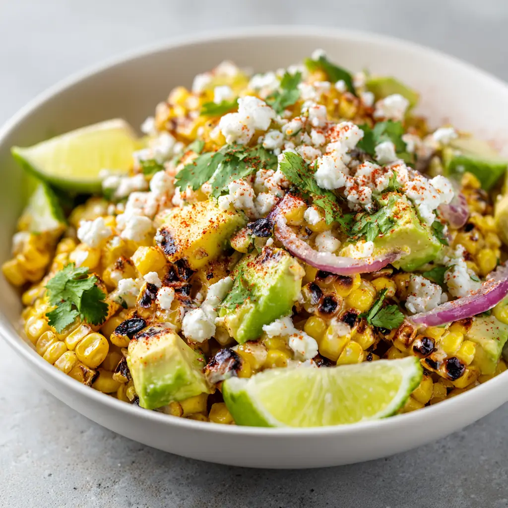 Overhead shot of Mexican Street Corn Salad showing charred corn kernels and glossy lime-crema dressing.