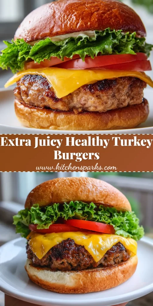 A close-up vertical shot of Juicy Turkey Burgers with melted cheddar and a seared crust on a toasted brioche bun.