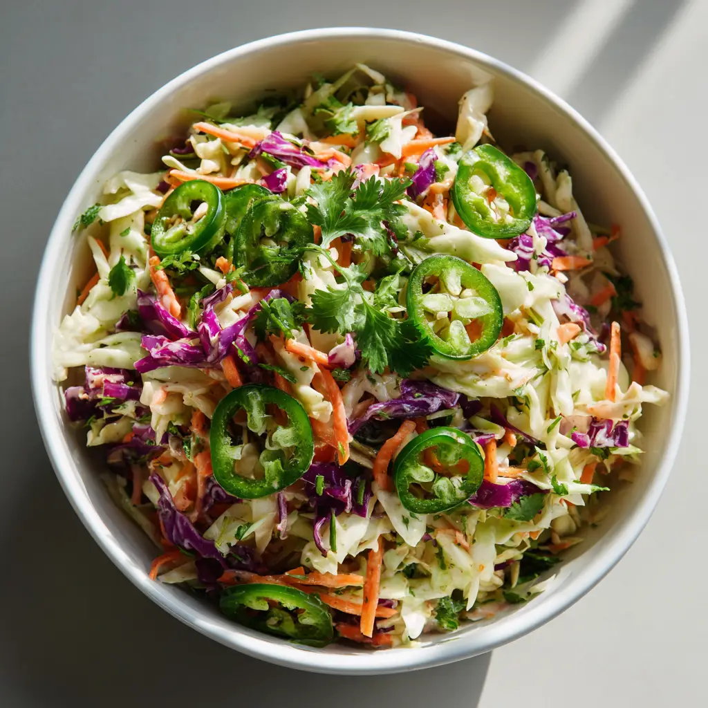 A close-up of glossy Jalapeño Slaw with thin slices of jalapeño and matchstick carrots in a white bowl.