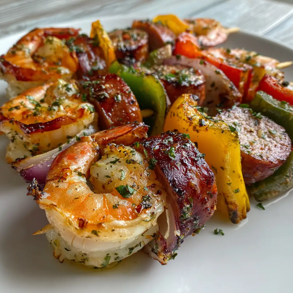 Grilled Seafood Skewers with Smoked Sausage and Charred Peppers 1 Grilled Seafood Skewers stacked on a ceramic plate with charred green, red, and orange bell peppers.