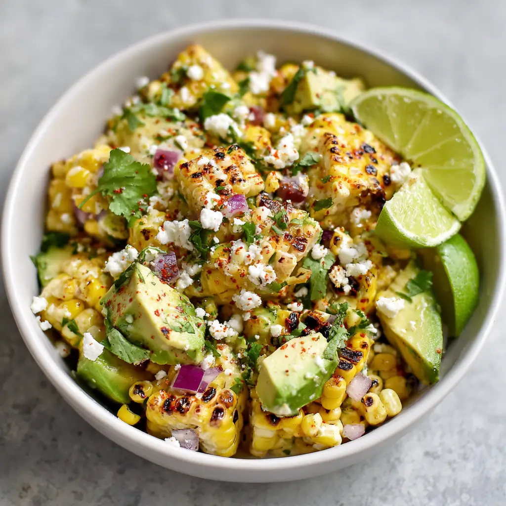 Close-up of Mexican Street Corn Salad with a focus on Cotija cheese crumbles and cilantro garnish.