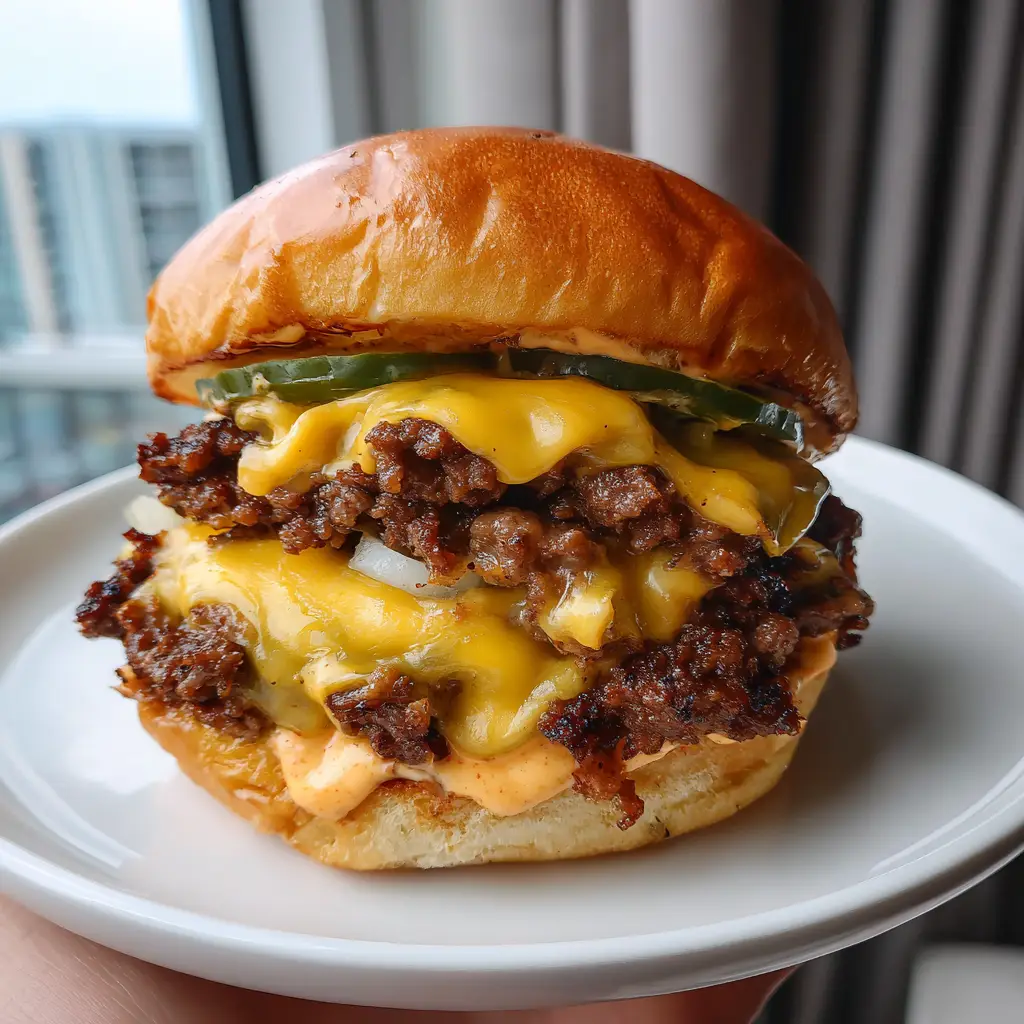 A handheld smartphone photo of a Crispy Smash Burger showing jagged caramelized beef edges and orange sauce.