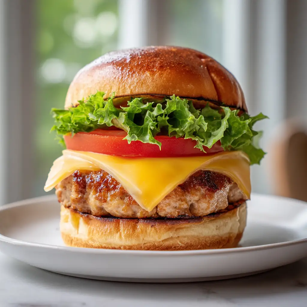 Handheld photo of Juicy Turkey Burgers showing glistening meat juices and drooping melted cheddar cheese.