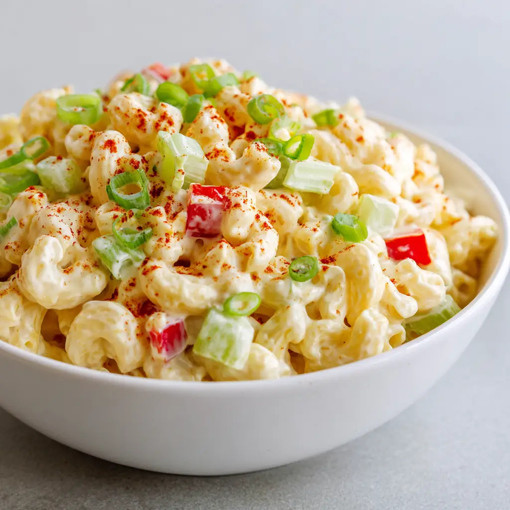 Amish Macaroni Salad garnished with green scallion rings and paprika on a grey surface.