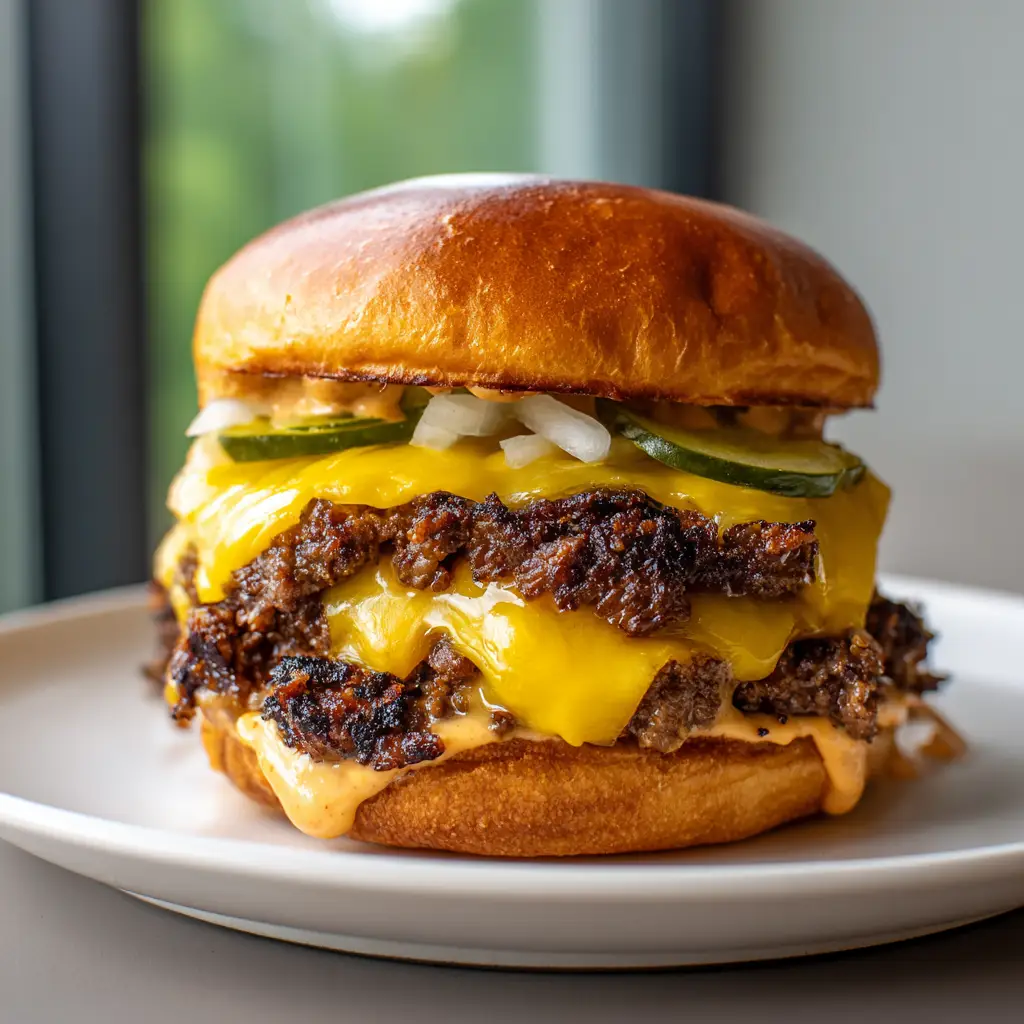 Macro view of melted American cheese flowing over smashed beef patties in a Crispy Smash Burger.