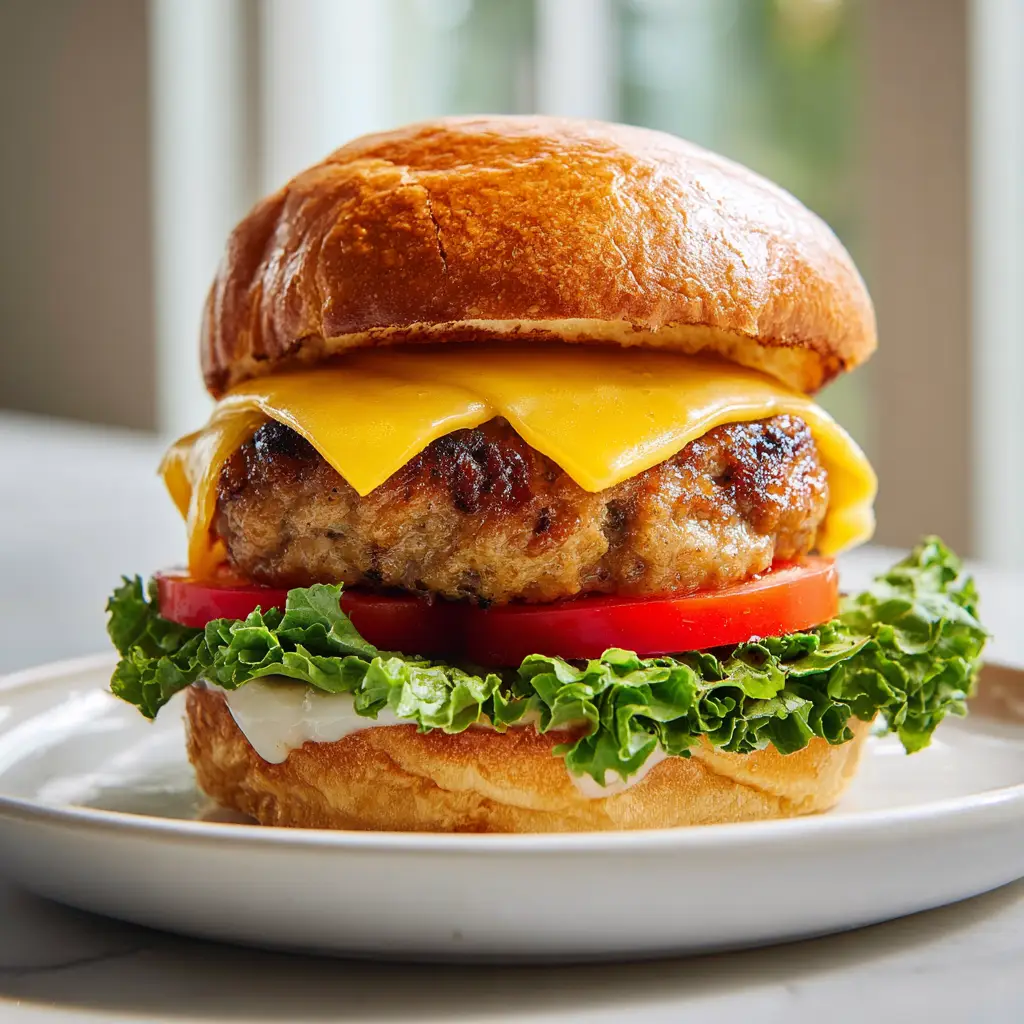 A gourmet turkey burger on a white plate with ruffled green leaf lettuce and a thick tomato slice.
