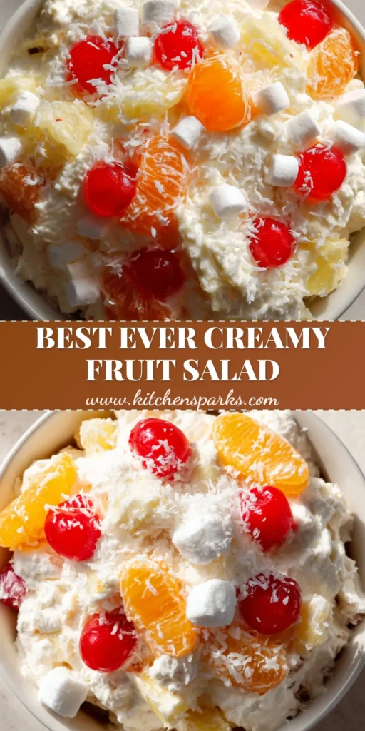 A top-down view of the Better Than Sex Fruit Salad in a white bowl, showing fluffy cream, orange segments, and red cherries with a coconut dusting.