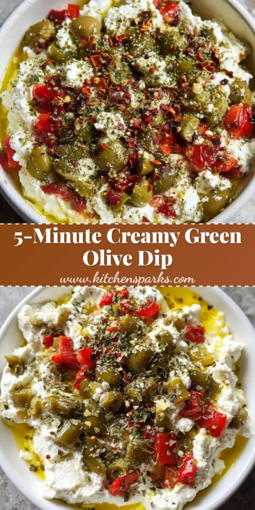A shallow white bowl filled with chunky Creamy Feta and Green Olive Dip on a grey stone surface.
