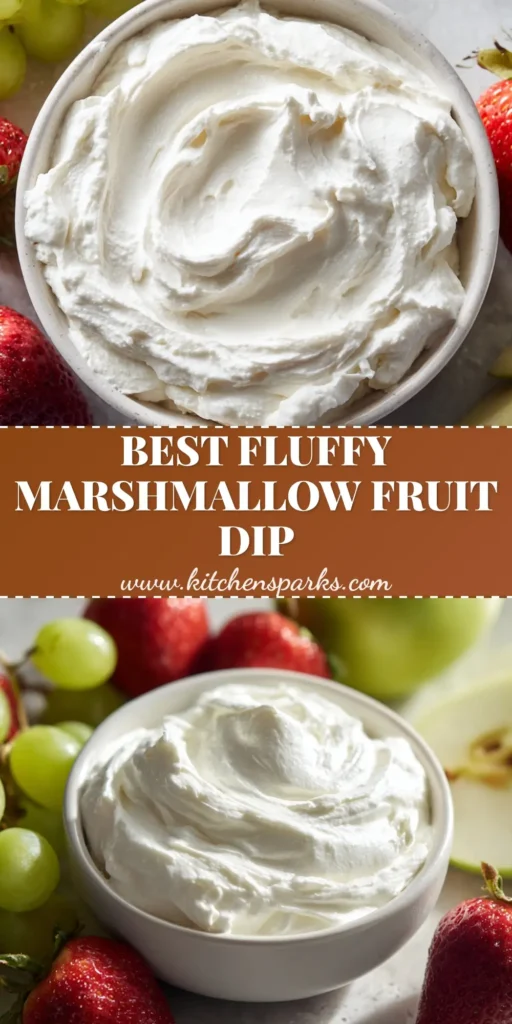 A tall Pinterest pin showing a bowl of fluffy Marshmallow Cream Cheese Fruit Dip surrounded by strawberries and green apples.