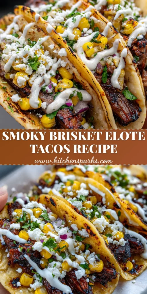 A close-up of handheld street tacos filled with smoky brisket chunks, charred corn, and a lime crema drizzle. (Smoky Brisket Elote Tacos)