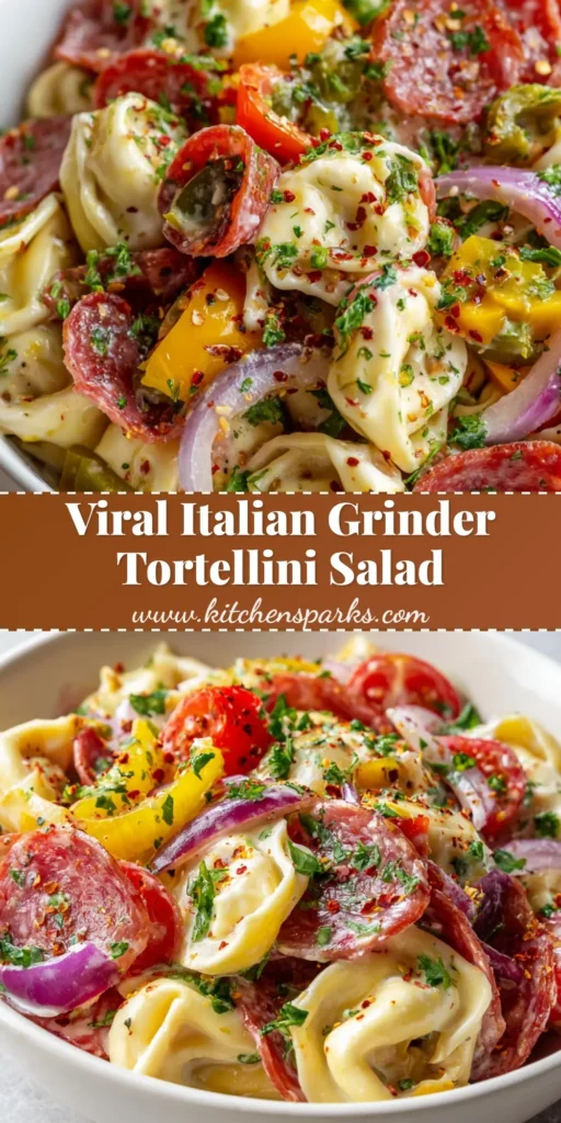 Italian Grinder Tortellini Salad with Creamy Herb Dressing 4 A colorful Italian Grinder Tortellini Salad in a white bowl featuring salami ribbons, pepperoni, and cheese tortellini with herb dressing.